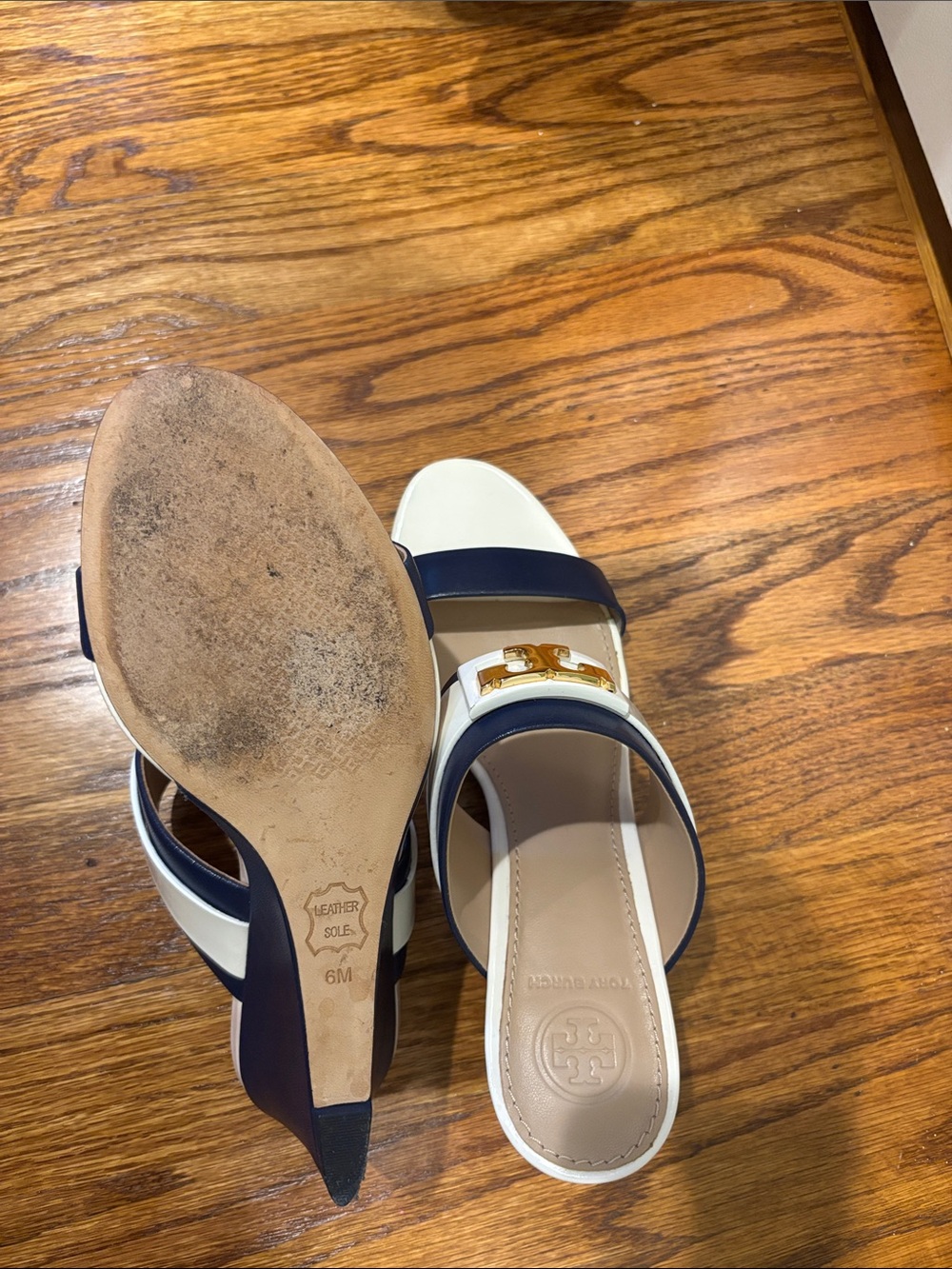 Tory Burch Navy and White Double Strap Logo Slide Mules - Picture 4 of 4